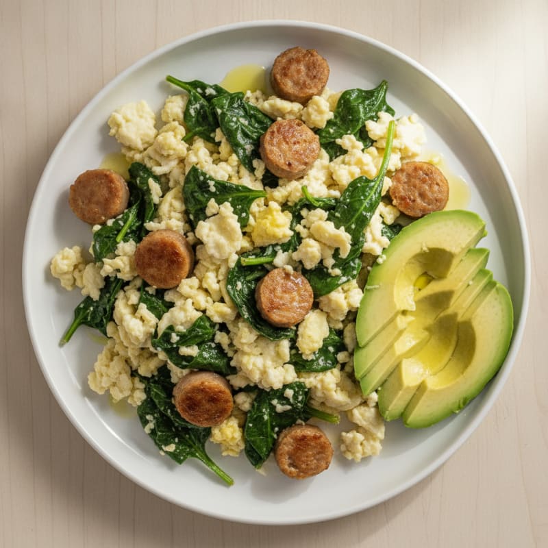 Egg White Scramble with Turkey Sausage and Sautéed Spinach