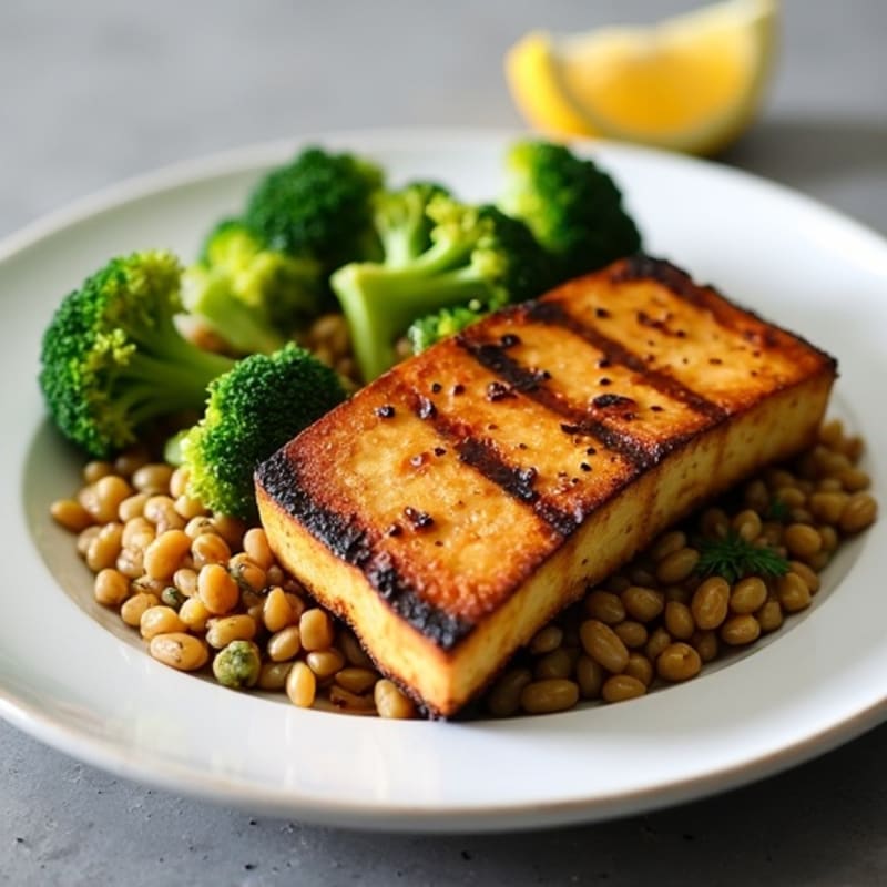 Grilled Tofu Steaks with Roasted Broccoli and Lentils
