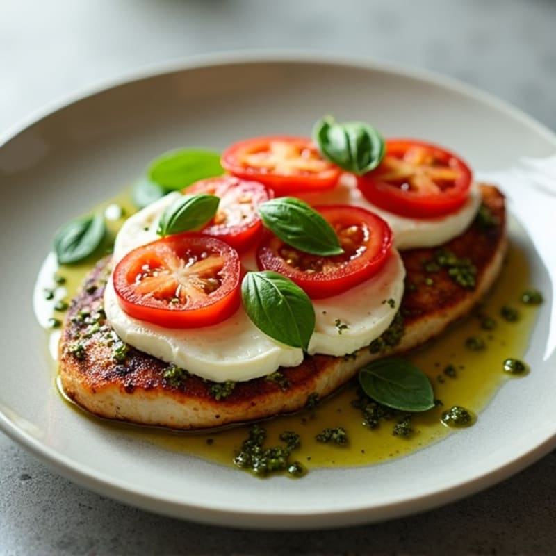 Pan-Seared Chicken with Fresh Mozzarella, Ripe Tomatoes, and Zesty Basil Pesto