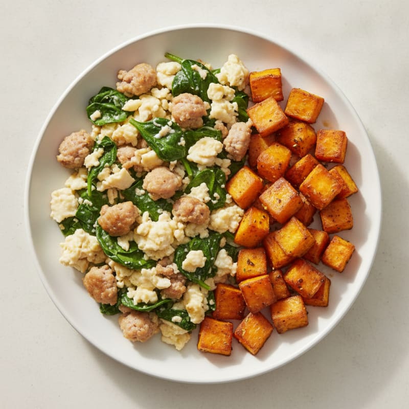 Egg White and Turkey Sausage Scramble with Spinach and Roasted Sweet Potatoes