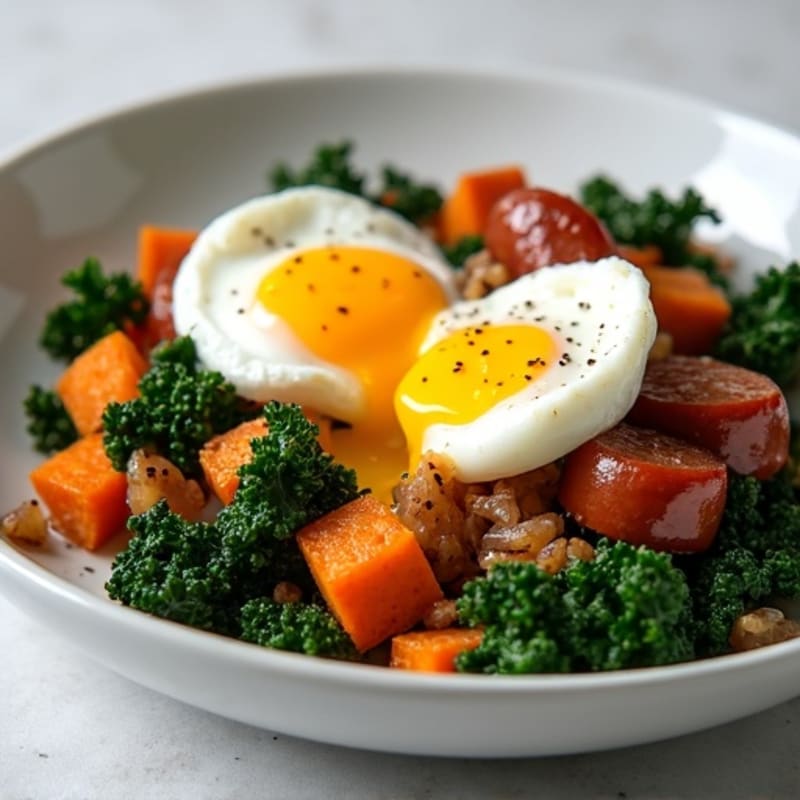 Crispy Sweet Potato and Kale Hash with Poached Eggs