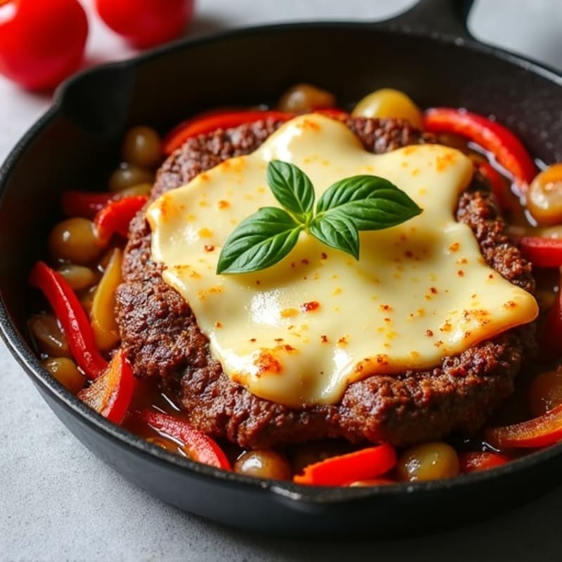 Crispy Lean Beef Skillet with Sautéed Peppers, Onions, and Melted Provolone