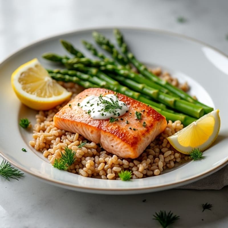 Seared Salmon Fillet with Steamed Asparagus and Brown Rice