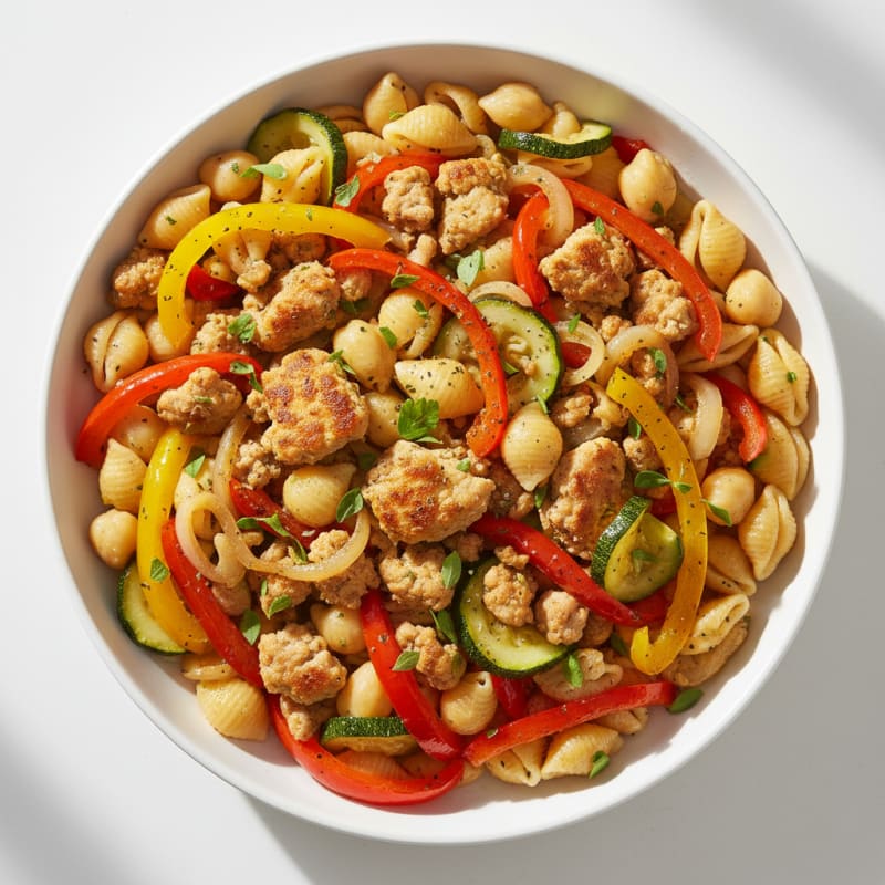 Ground Turkey and Zucchini Pasta with Sautéed Peppers and Onions