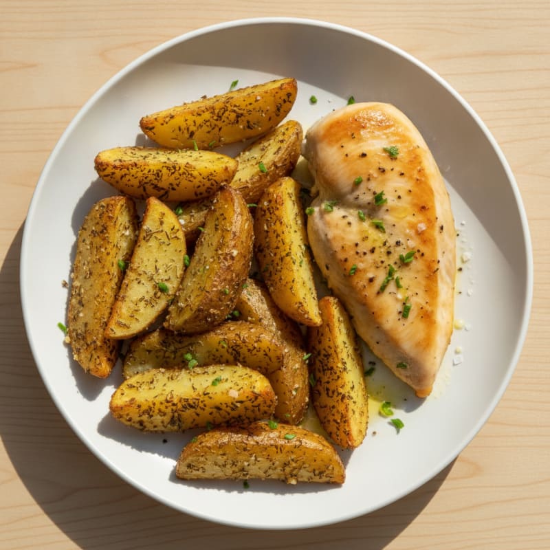 Garlic Herb Roasted Potato Wedges with Lemon-Herb Chicken