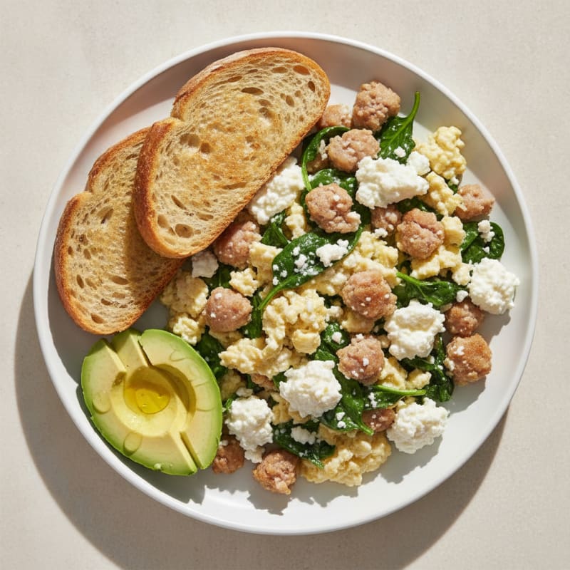 Egg White and Turkey Sausage Scramble with Cottage Cheese and Spinach
