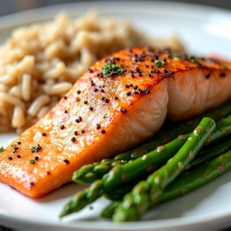 Seared Salmon Fillet with Steamed Asparagus and Brown Rice