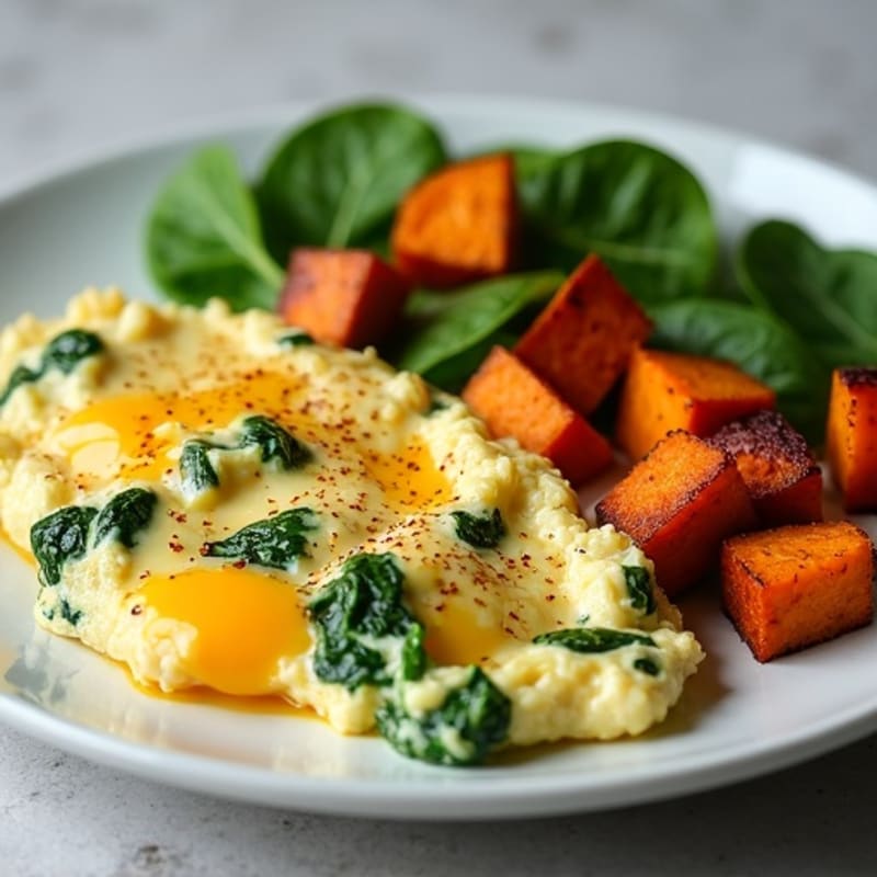 Chicken and Spinach Egg White Scramble with Roasted Sweet Potato