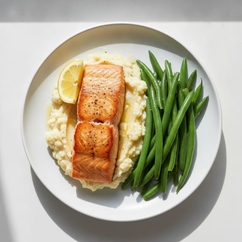Seared Salmon with Steamed Green Beans and Garlic Mashed Cauliflower