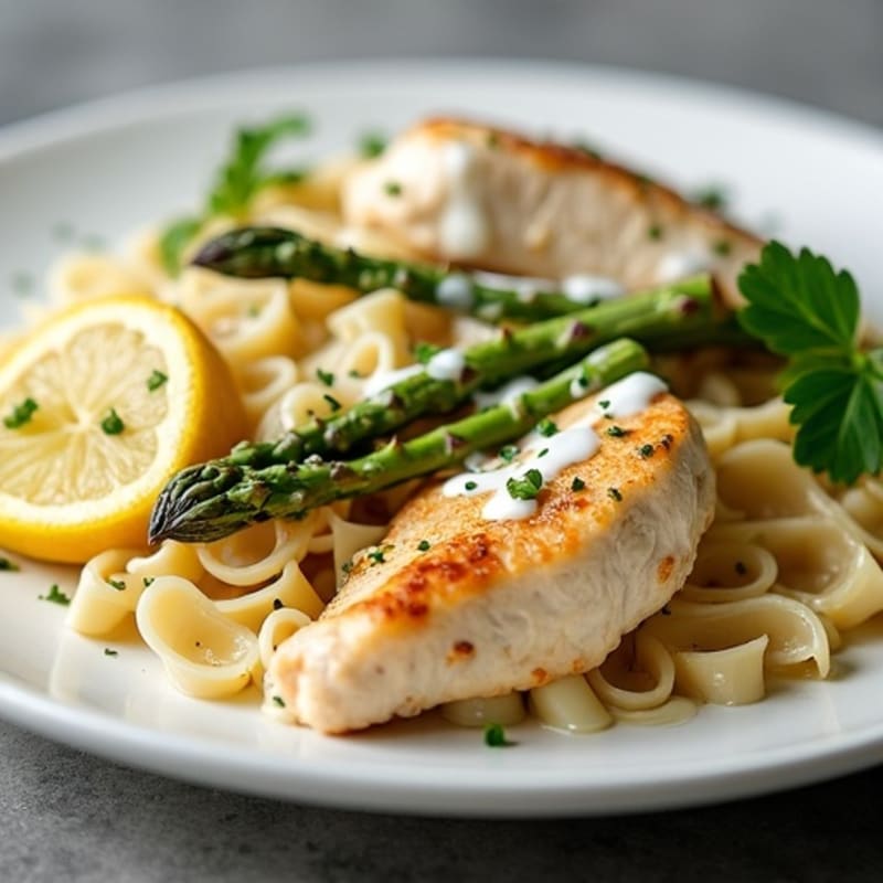 Creamy Lemon-Garlic Chicken Pasta with Roasted Asparagus