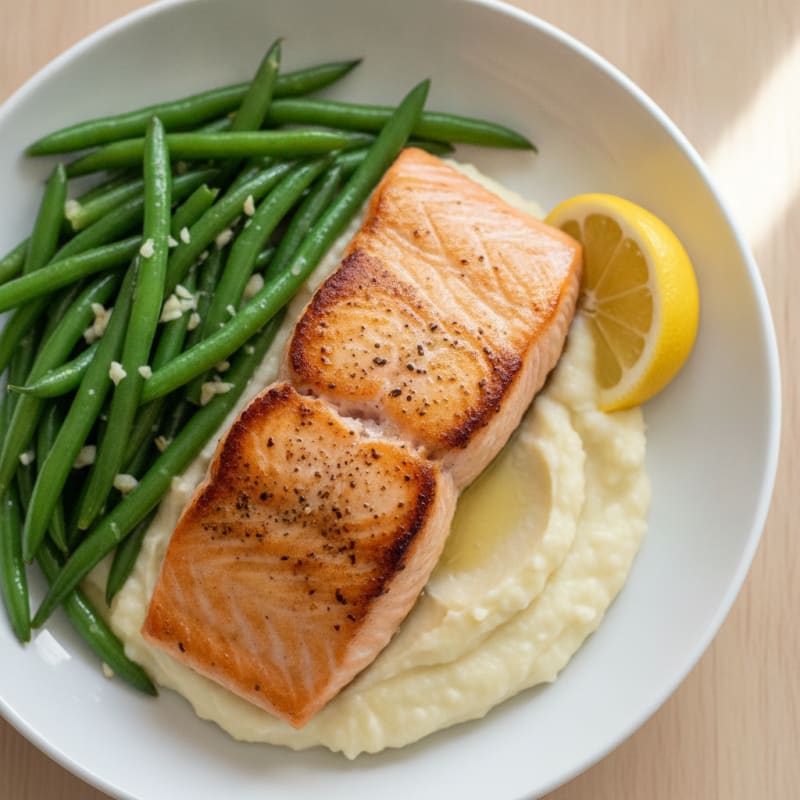 Seared Salmon Fillet with Garlic Green Beans and Cauliflower Mash
