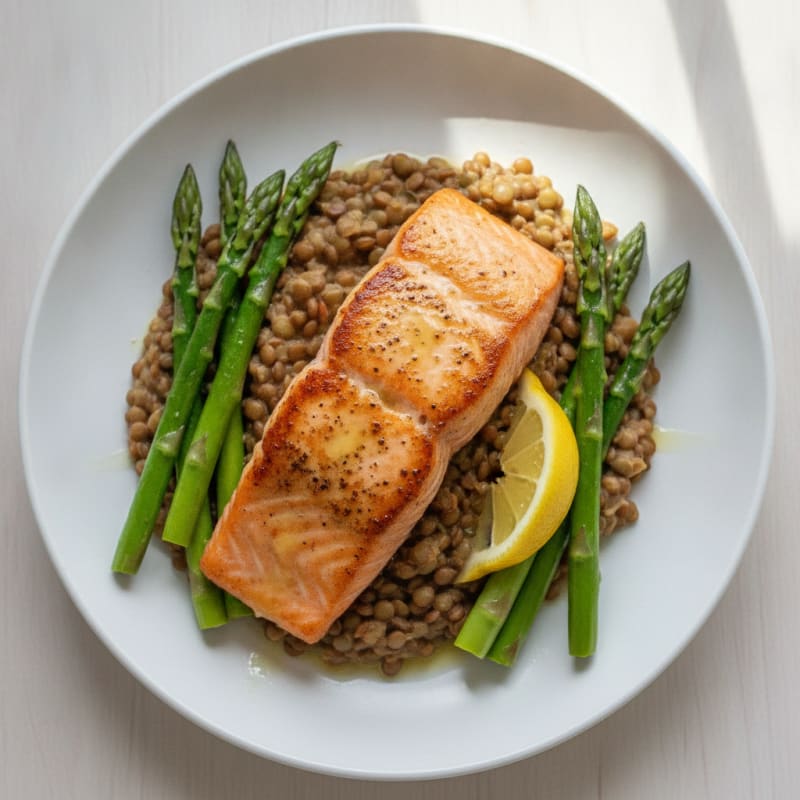 Seared Salmon with Steamed Asparagus and Lentil Mash