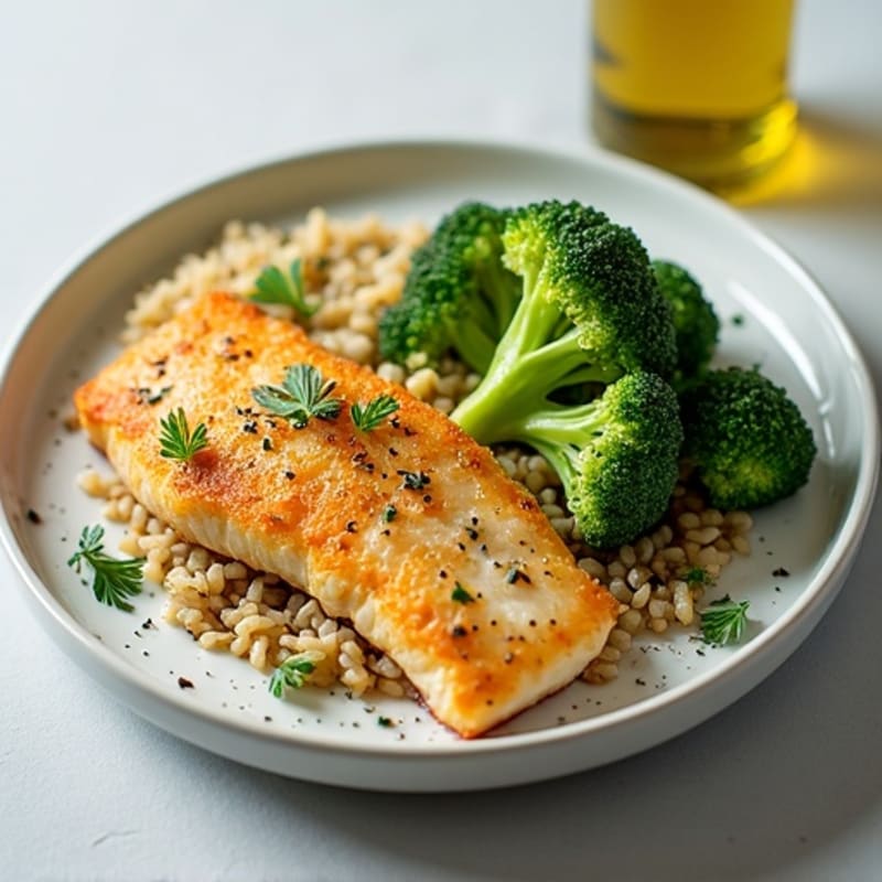 Crispy Baked Fish with Herb Rice and Steamed Broccoli