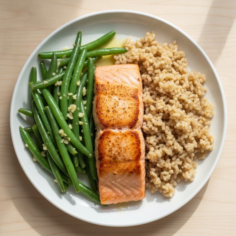 Seared Salmon Fillet with Garlic Green Beans and Brown Rice