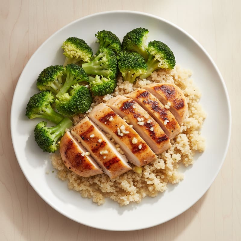 Grilled Lemon Garlic Chicken Breast with Quinoa and Steamed Broccoli