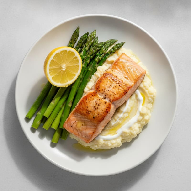 Seared Salmon with Steamed Asparagus and Cauliflower Mash
