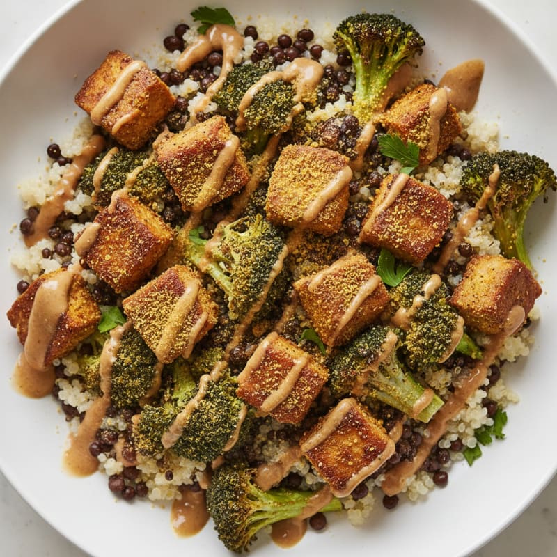 Crispy Lentil and Quinoa Power Bowl with Roasted Vegetables