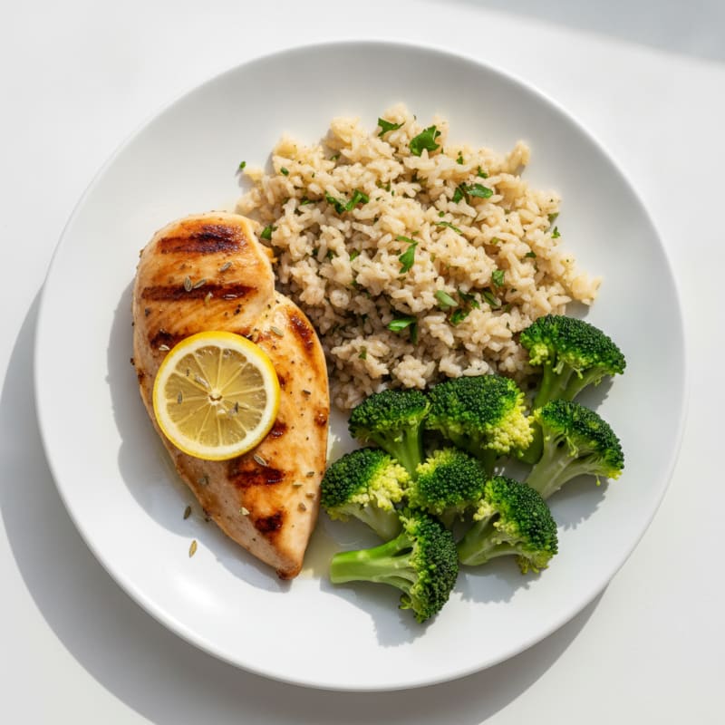 Grilled Chicken Breast with Herb Rice and Steamed Broccoli