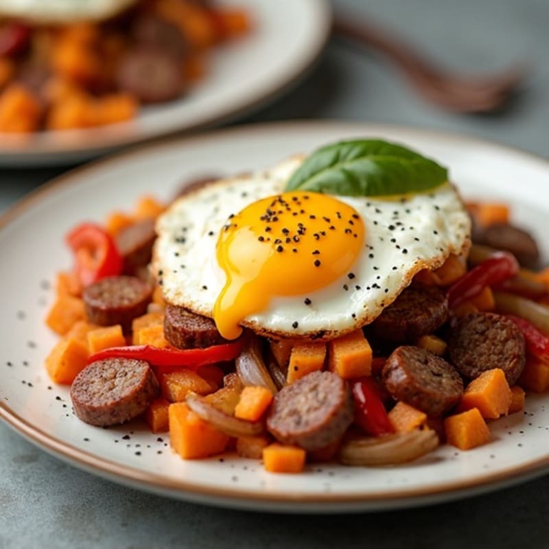 Crispy Sweet Potato Hash with Savory Turkey Sausage and Fried Eggs