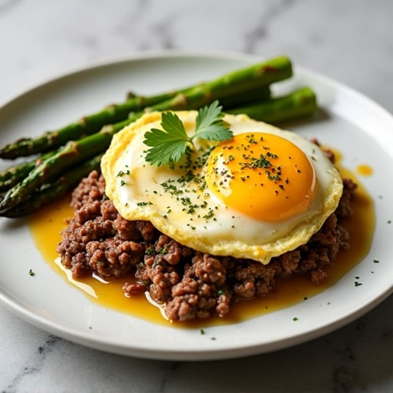 Lean Ground Beef and Scrambled Eggs with Roasted Asparagus