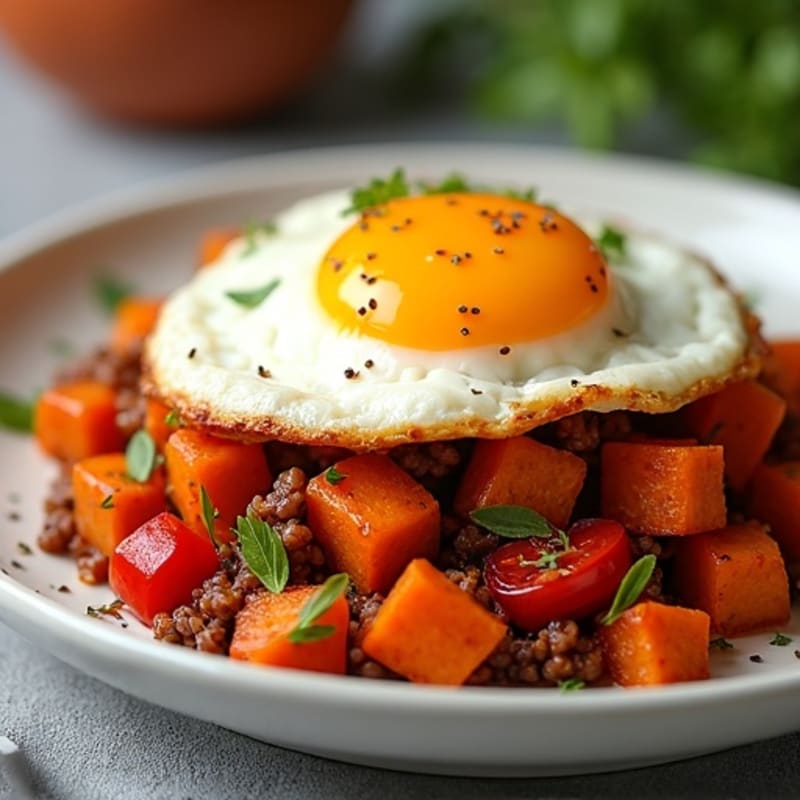 Crispy Sweet Potato and Turkey Hash with Sunny-Side Up Egg