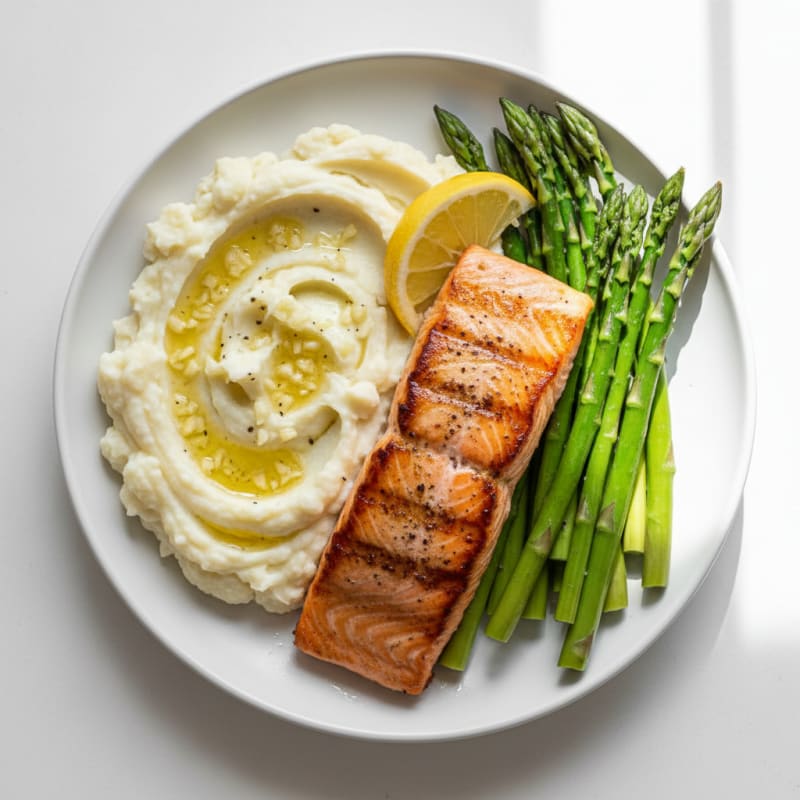 Seared Salmon with Steamed Asparagus and Garlic Mashed Cauliflower