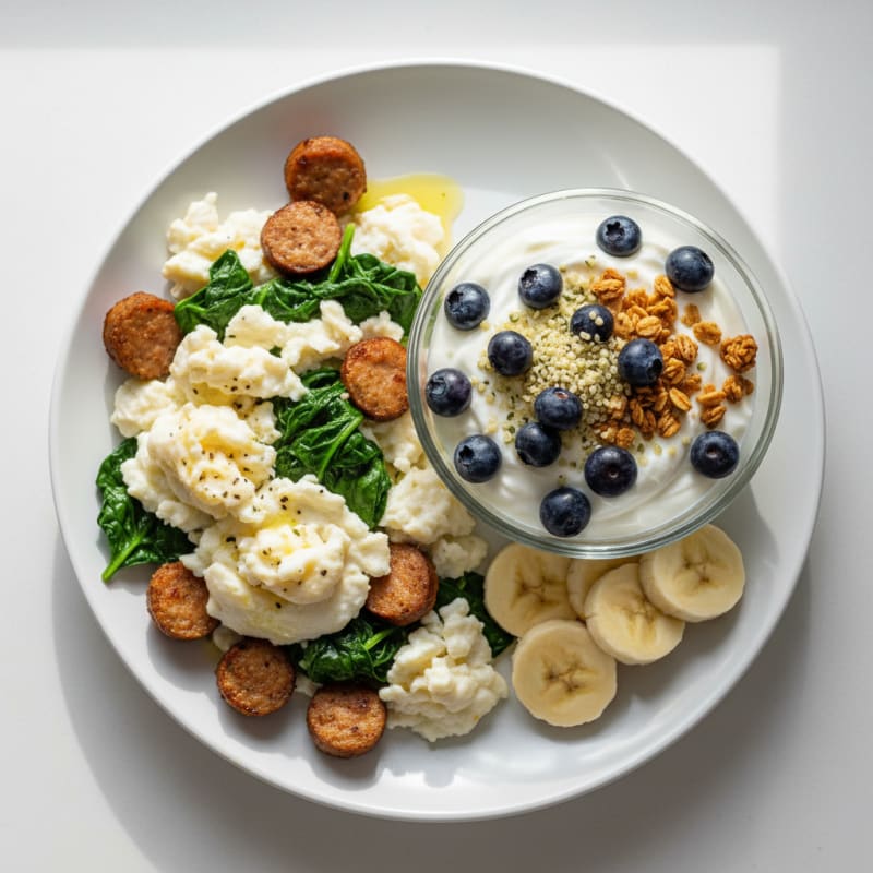 Egg White Scramble with Turkey Sausage and Greek Yogurt Parfait