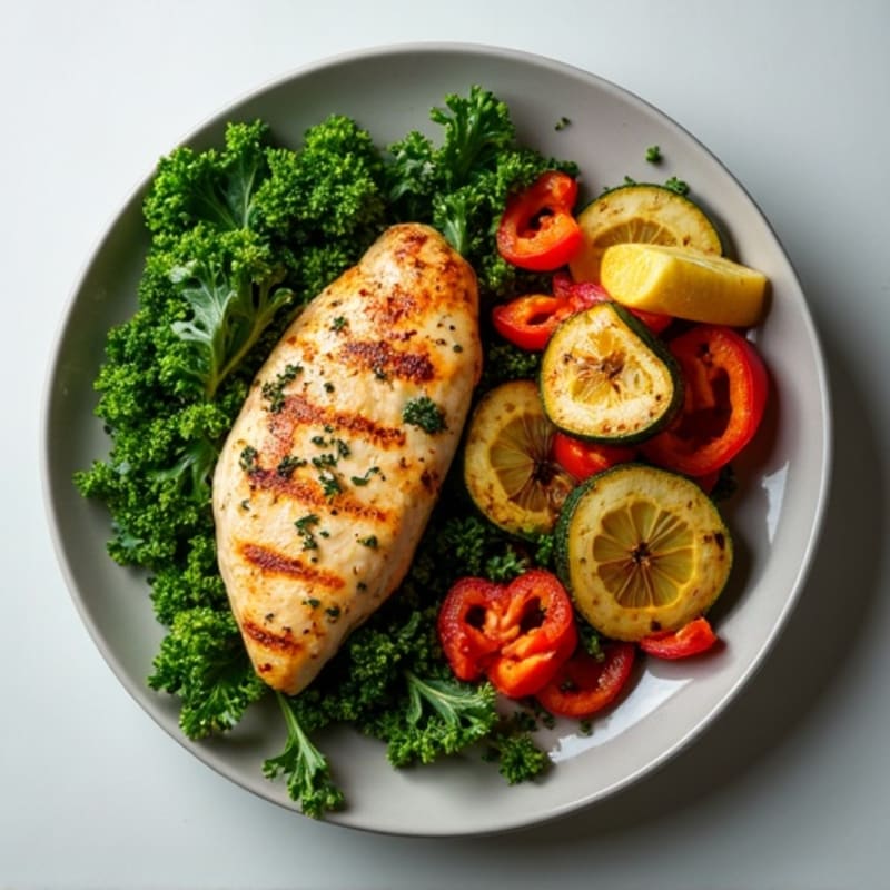 Grilled Lemon Herb Chicken with Crispy Greens and Roasted Vegetables