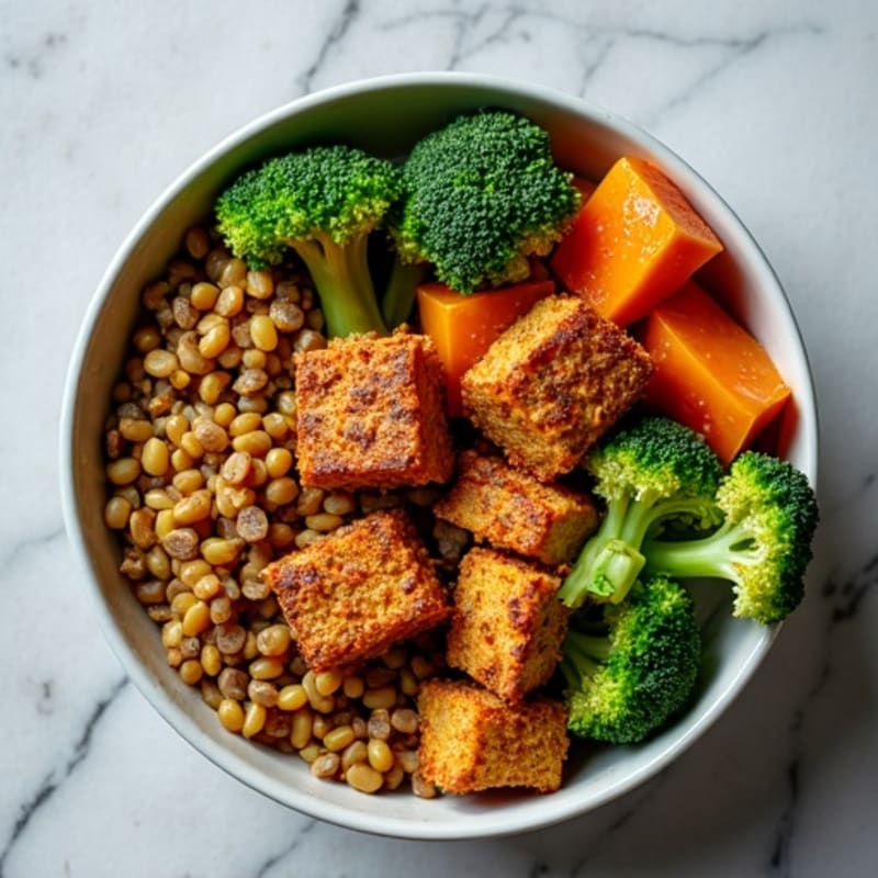 Crispy Lentil and Tempeh Power Bowl with Roasted Broccoli