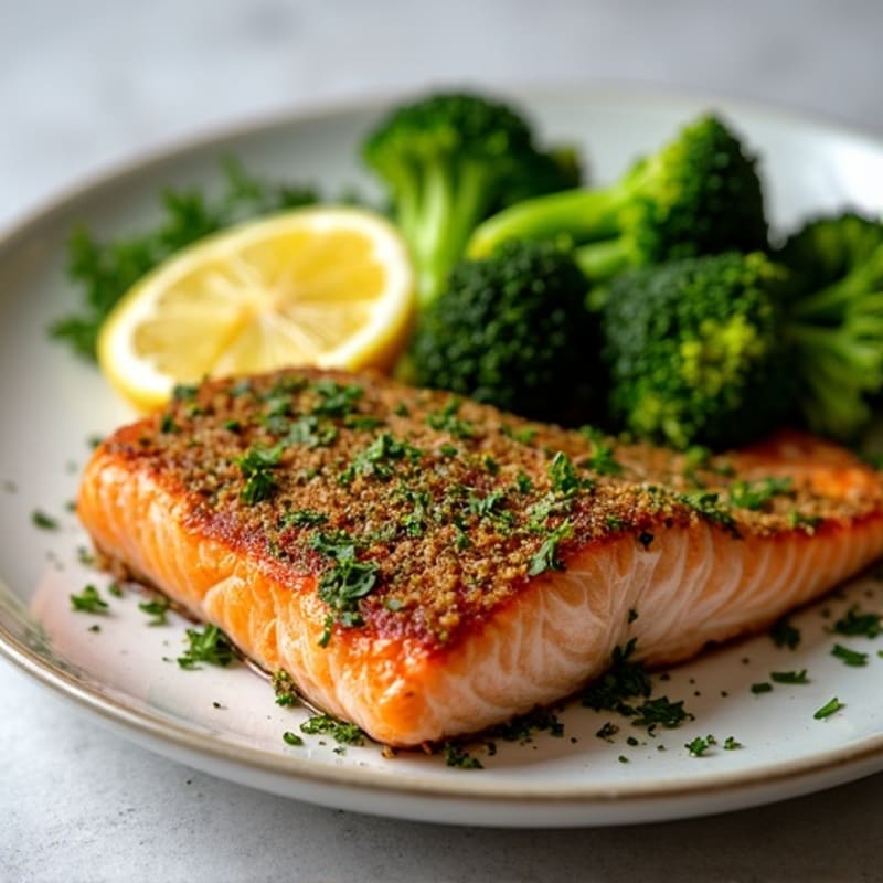 Herb-Crusted Pan Seared Salmon with Roasted Broccoli