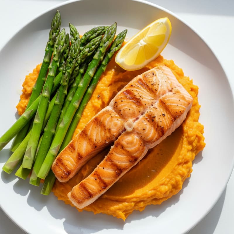 Seared Salmon Fillet with Steamed Asparagus and Sweet Potato Mash