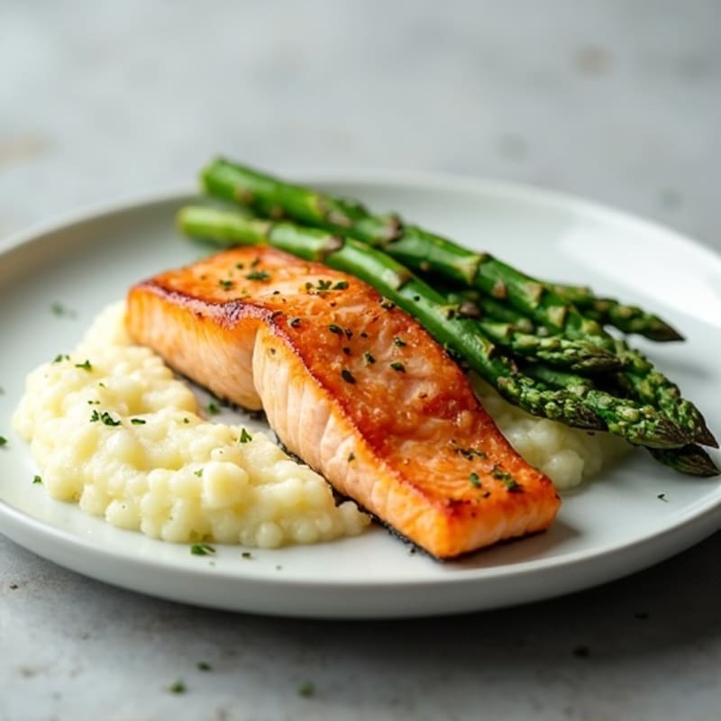 Seared Salmon with Steamed Asparagus and Cauliflower Mash
