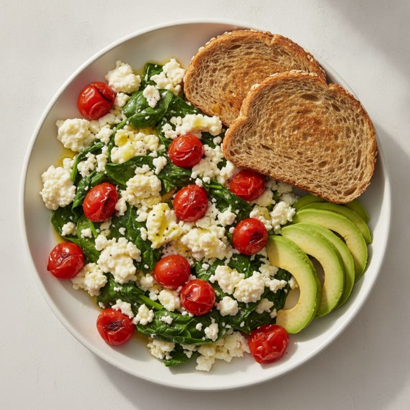 Egg White and Cottage Cheese Scramble with Spinach and Cherry Tomatoes