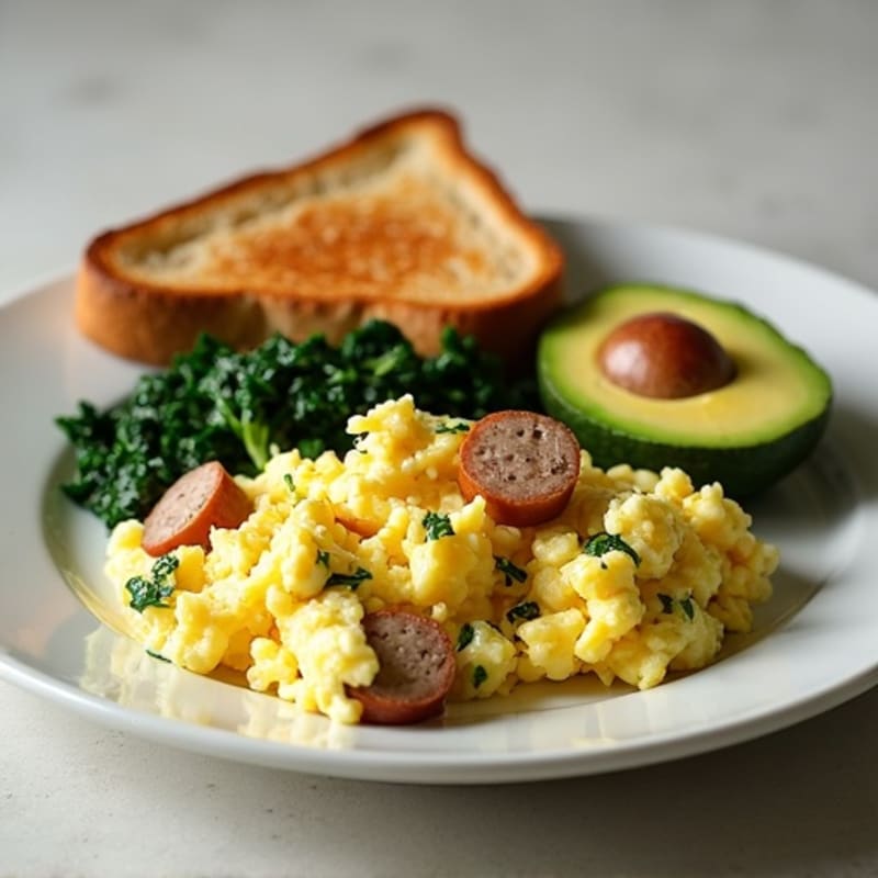 Egg White and Turkey Sausage Scramble with Sautéed Spinach