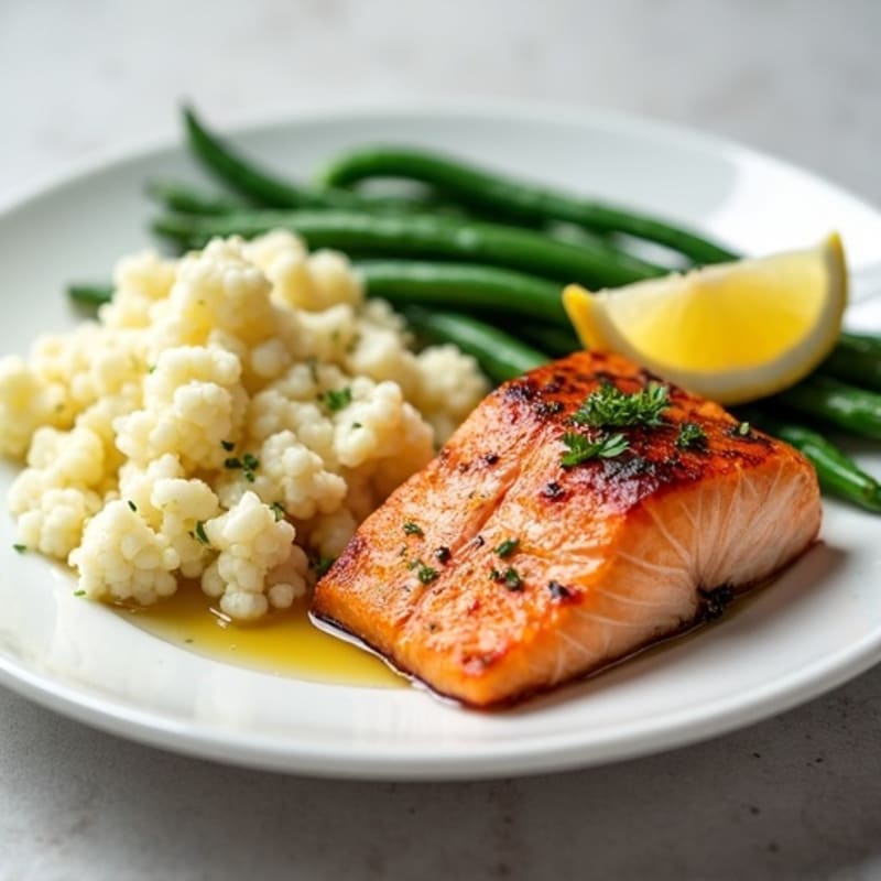 Seared Salmon with Steamed Green Beans and Garlic Mashed Cauliflower