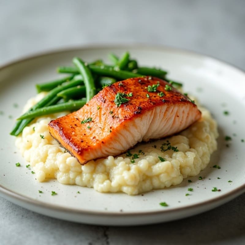 Seared Salmon Fillet with Garlic Green Beans and Cauliflower Mash