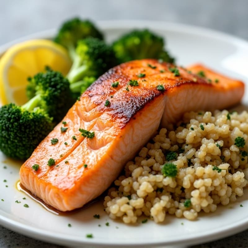 Seared Salmon with Steamed Broccoli and Quinoa