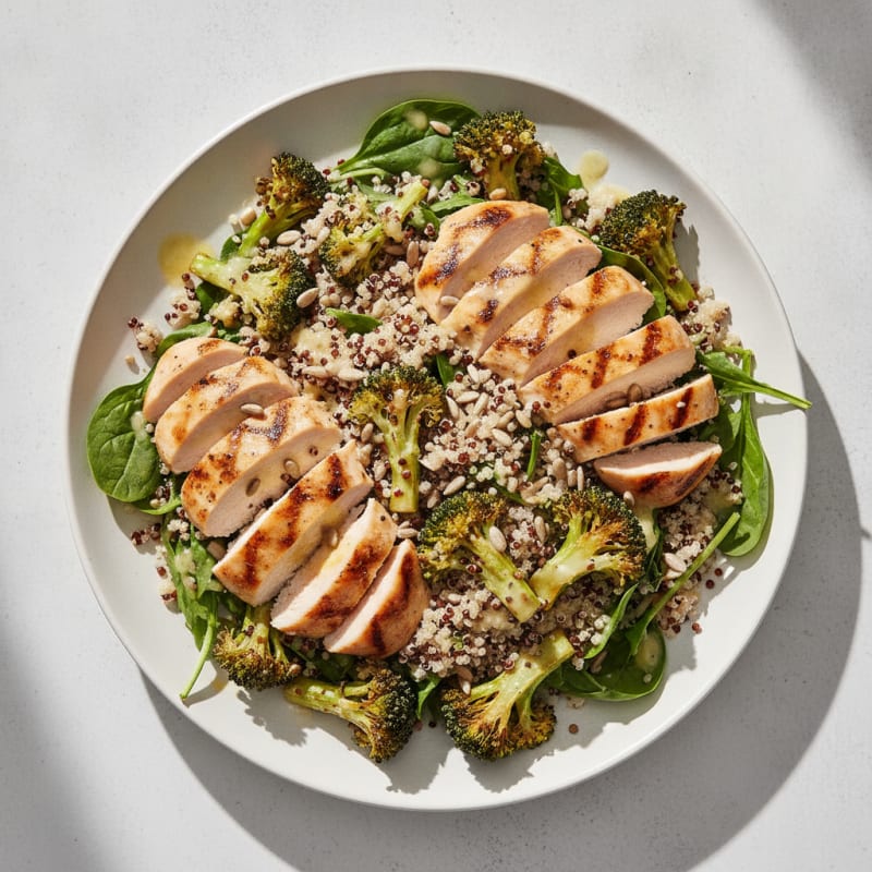 Grilled Chicken Breast Salad with Quinoa and Roasted Broccoli