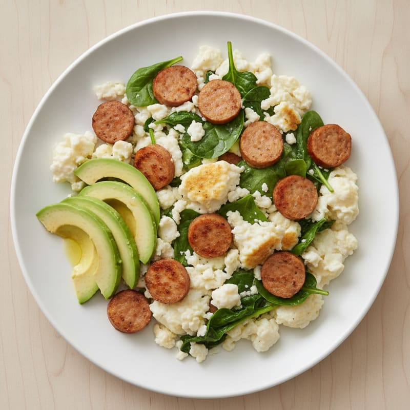 Egg White Scramble with Chicken Sausage and Spinach