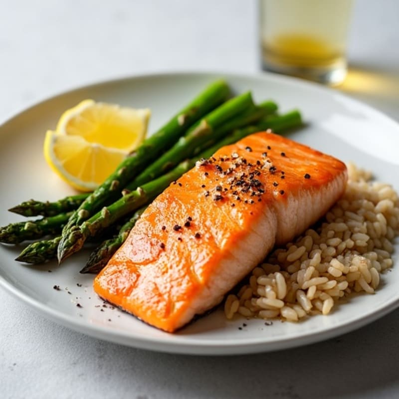 Seared Salmon Fillet with Steamed Asparagus and Brown Rice