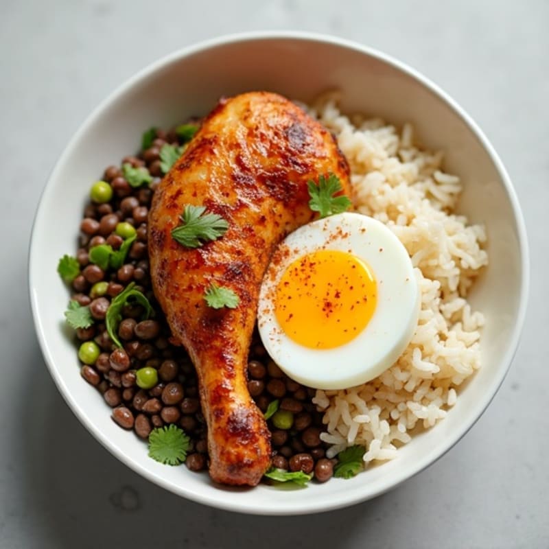 Spice-Roasted Chicken and Egg Rice Bowl with Lentils