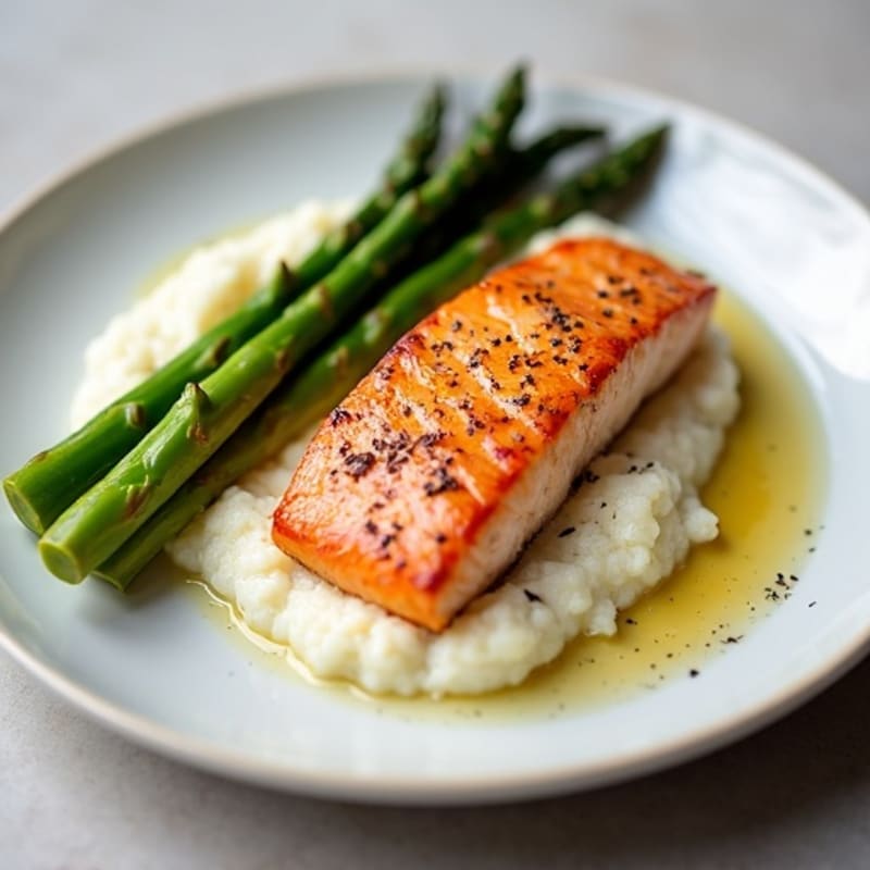 Seared Salmon Fillet with Roasted Asparagus and Cauliflower Mash