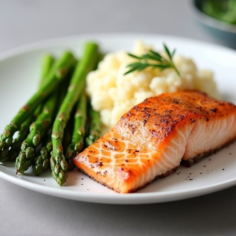 Seared Salmon with Steamed Asparagus and Garlic Mashed Cauliflower