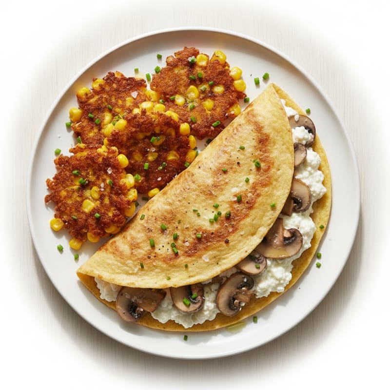 Mushroom and Cottage Cheese Egg Tortilla with Corn Fritters