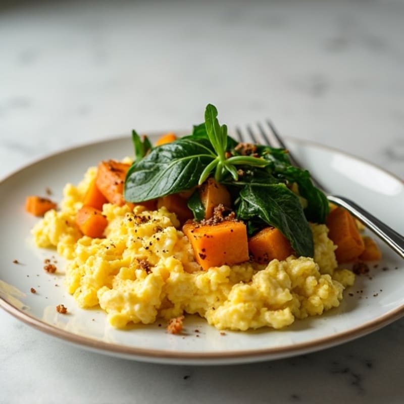 Protein-Packed Scrambled Eggs with Roasted Sweet Potatoes and Greens