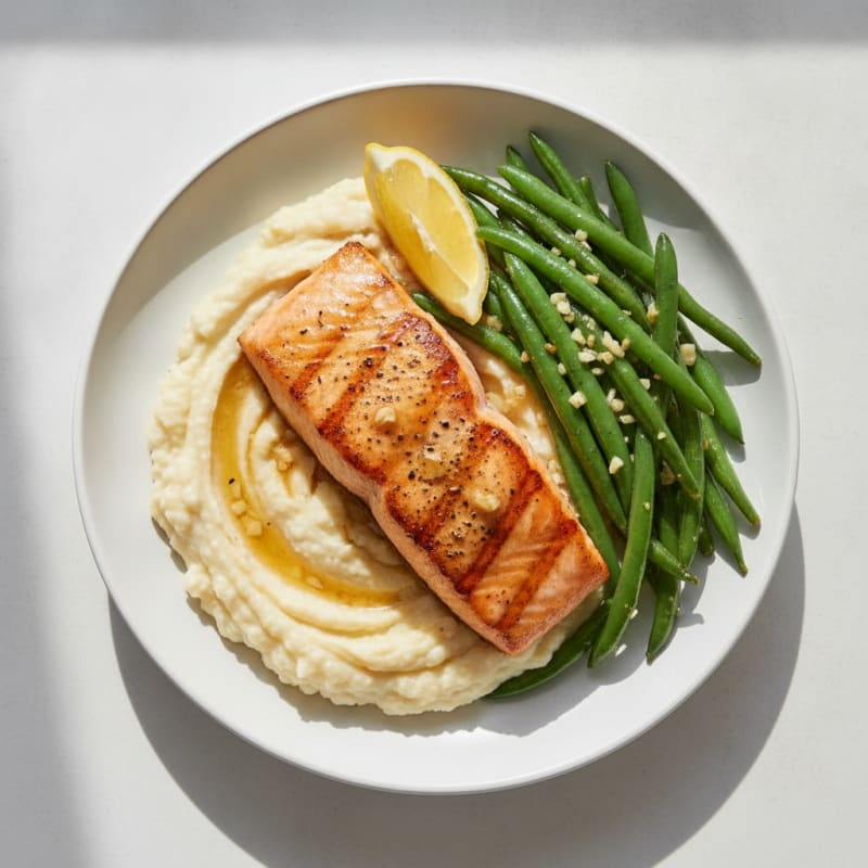 Seared Salmon with Garlic Green Beans and Cauliflower Mash