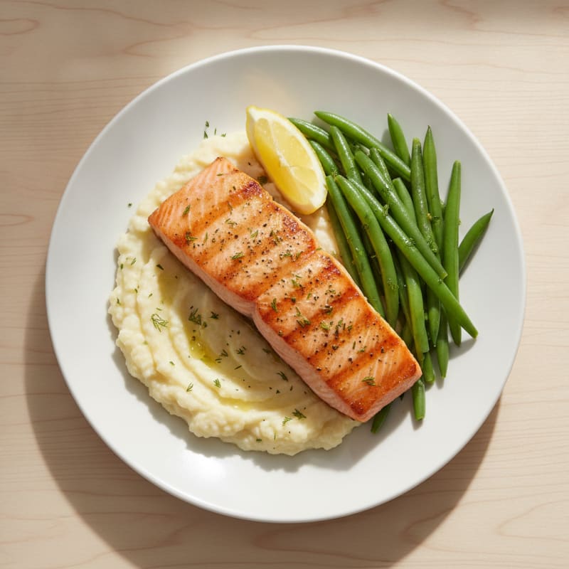 Seared Salmon with Steamed Green Beans and Cauliflower Mash
