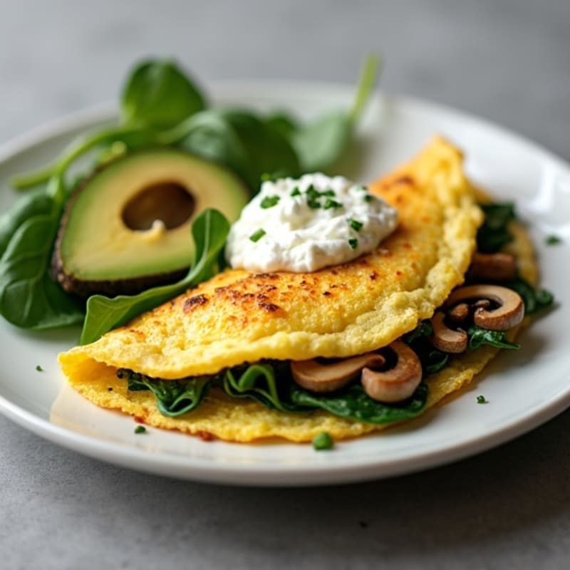 Egg White Spinach Omelet with Cottage Cheese and Sautéed Mushrooms