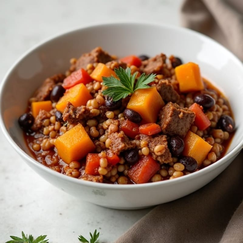 Hearty Ground Beef, Butternut Squash, Black Bean, and Lentil Chili