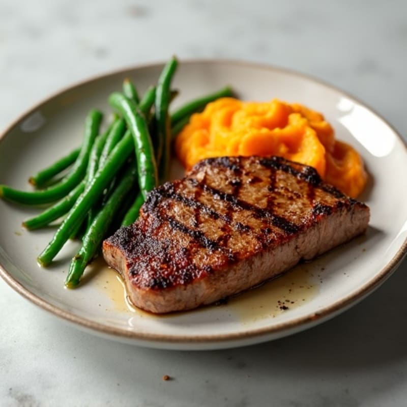 Seared Lean Steak with Steamed Green Beans and Sweet Potato Mash